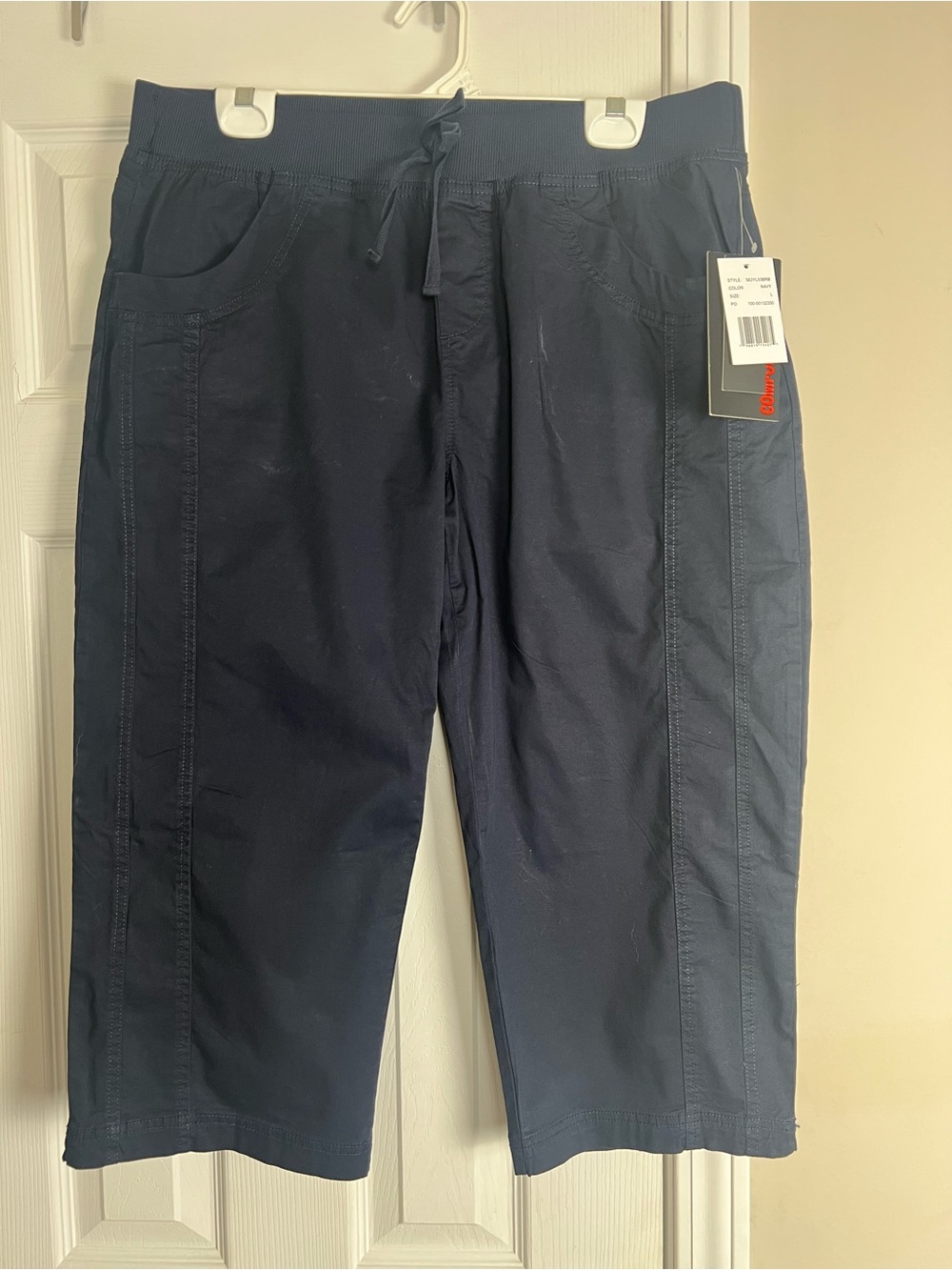 Briggs Pull-On Capri Pants L NWT Navy Drawstring Stretch Waist Pockets
